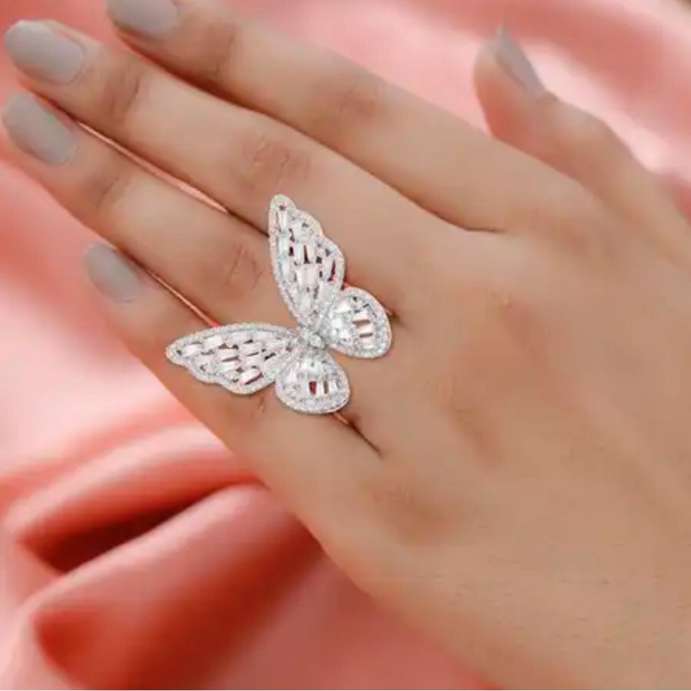 Simulated Diamond Butterfly Ring in Silvertone (Size 6.0) - Picture 7 of 8